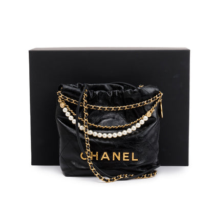 Chanel 2023 Black Shiny Calfskin Leather Mini Pearl Chanel 22 w/ Box