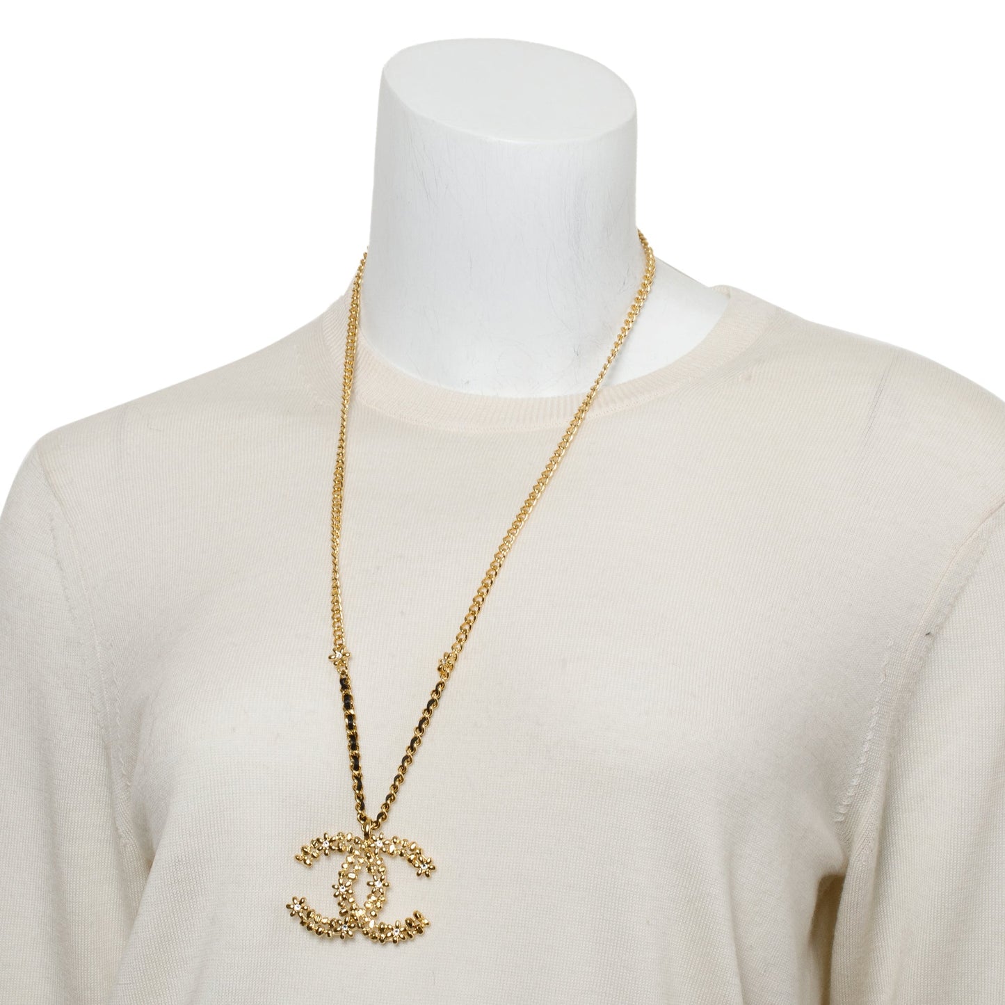 Chanel 2023 Gold Plated & Leather Large Strass CC Pendant Necklace w/ Box