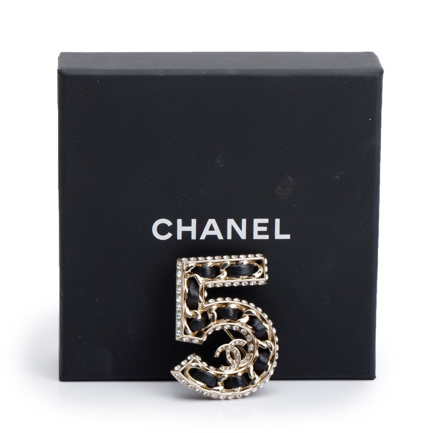 Chanel 2023 Gold Plated Strass & Black Leather 'Number 5' Brooch w/ Box