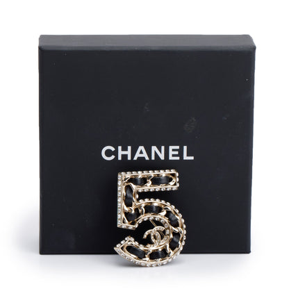 Chanel 2023 Gold Plated Strass & Black Leather 'Number 5' Brooch w/ Box