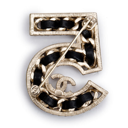 Chanel 2023 Gold Plated Strass & Black Leather 'Number 5' Brooch w/ Box