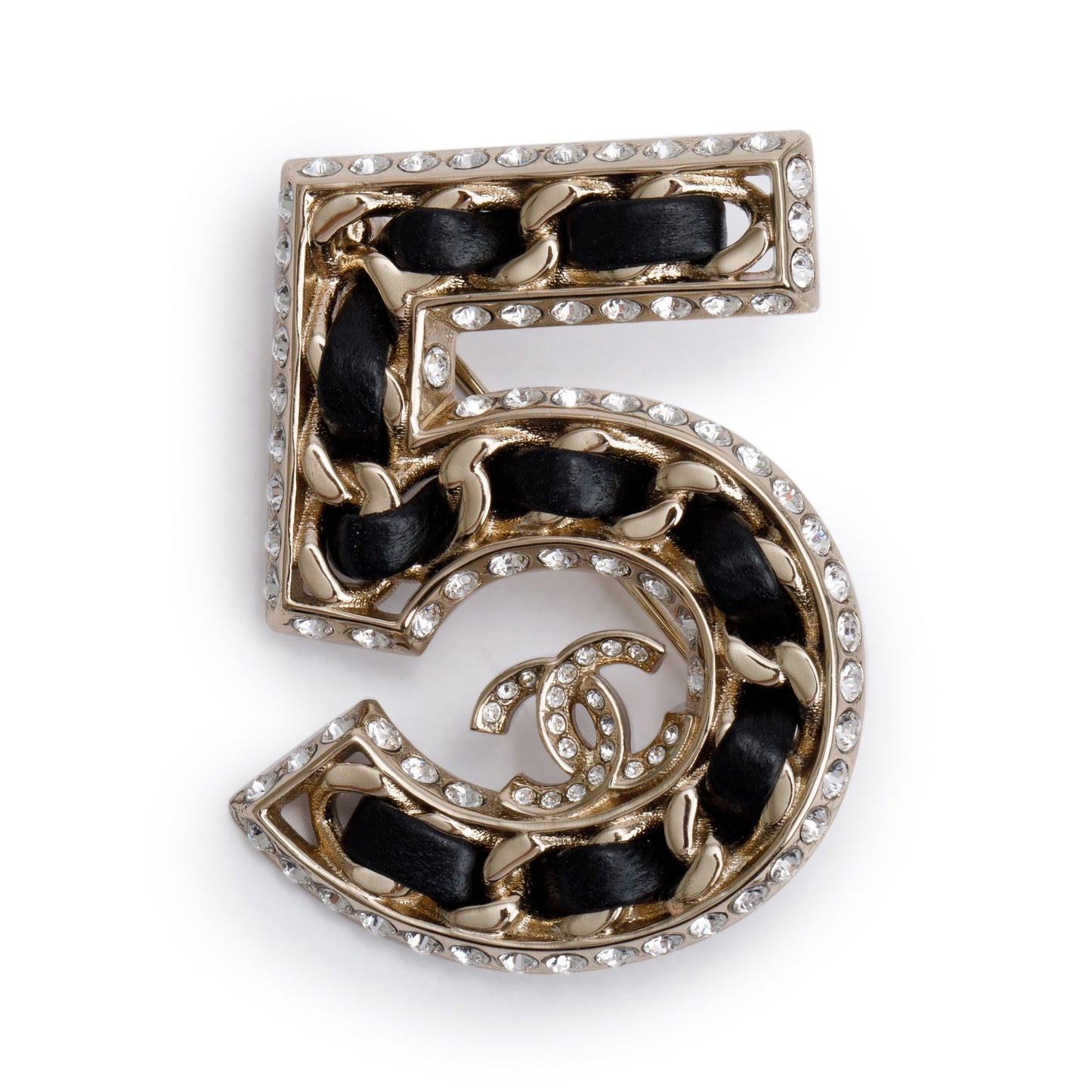 Chanel 2023 Gold Plated Strass & Black Leather 'Number 5' Brooch w/ Box