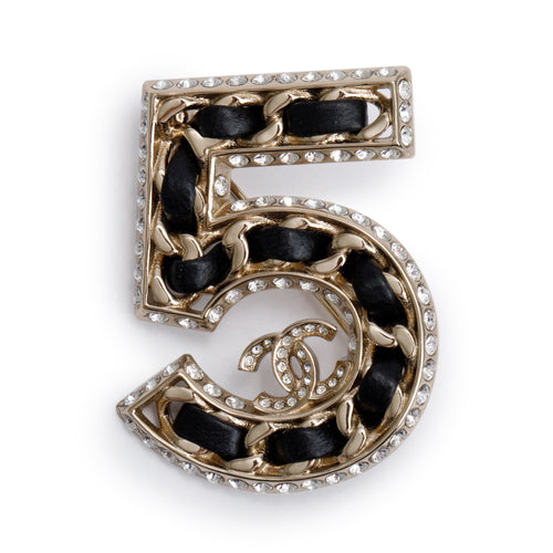 Chanel 2023 Gold Plated Strass & Black Leather 'Number 5' Brooch w/ Box