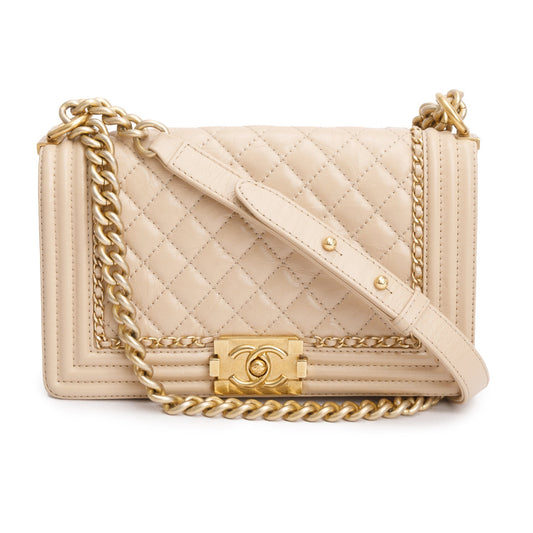 Chanel Beige Quilted Aged Calfskin Leather Medium Jacket Boy Bag w/ Authenticity Card