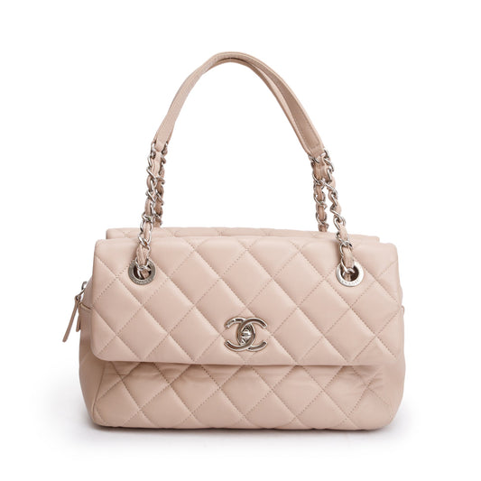Chanel Beige Quilted Lambskin Leather Double Sided Flap Zip Shoulder Bag