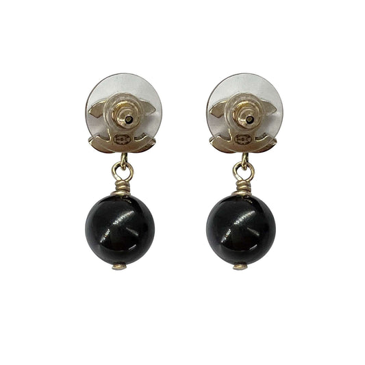 Chanel CC logo black bead drop earrings