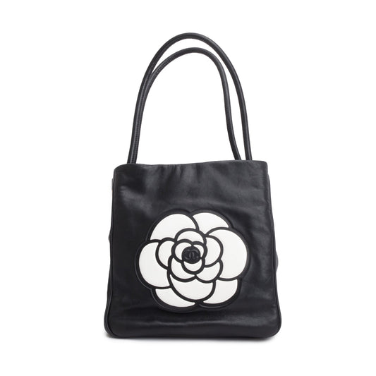 Chanel Black Lambskin Leather Camellia Logo Tote Bag