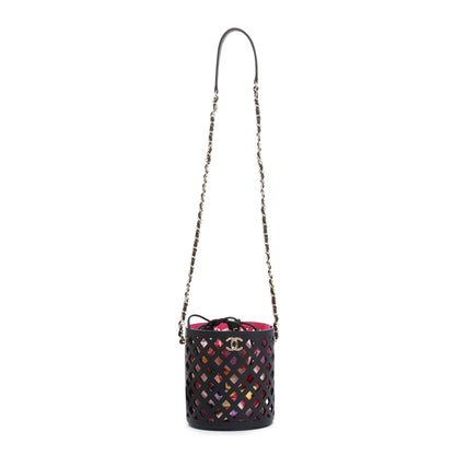 Chanel Black Perforated Calfskin See Through Bucket Bag w/ Pouch