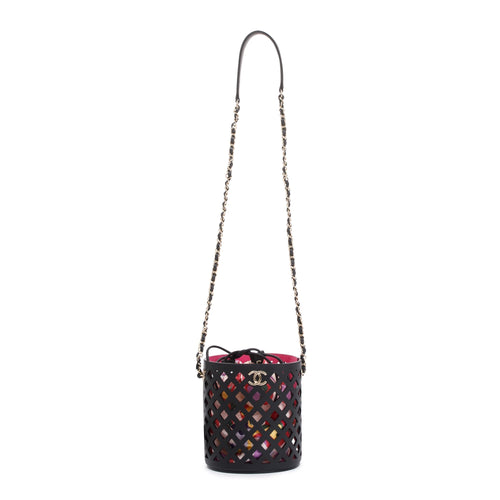 Chanel Black Perforated Calfskin See Through Bucket Bag w/ Pouch