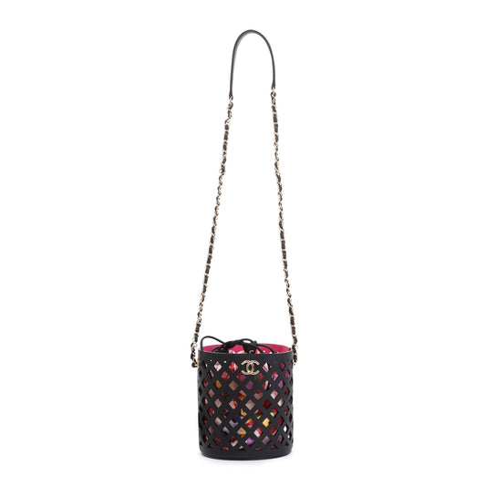Chanel Black Perforated Calfskin See Through Bucket Bag w/ Pouch