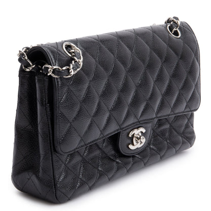 Chanel Black Quilted Caviar Leather Classic Medium Double Flap Bag w/ Box