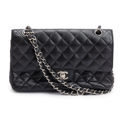 Chanel Black Quilted Caviar Leather Classic Medium Double Flap Bag w/ Box