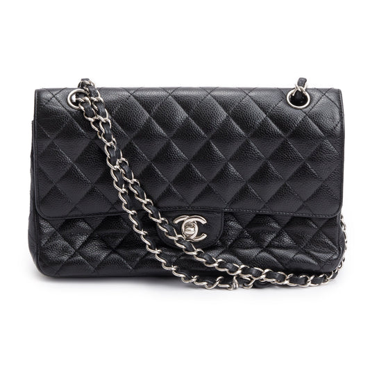 Chanel Black Quilted Caviar Leather Classic Medium Double Flap Bag w/ Box