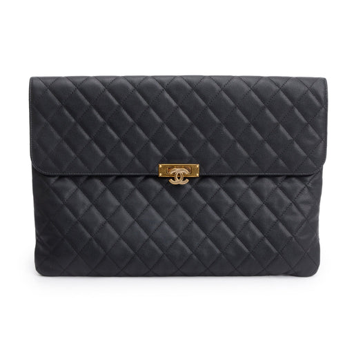 Chanel Black Quilted Caviar Leather Golden Class O-Case Clutch w/ Box & Authenticity Card