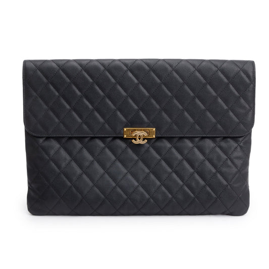 Chanel Black Quilted Caviar Leather Golden Class O-Case Clutch w/ Box & Authenticity Card