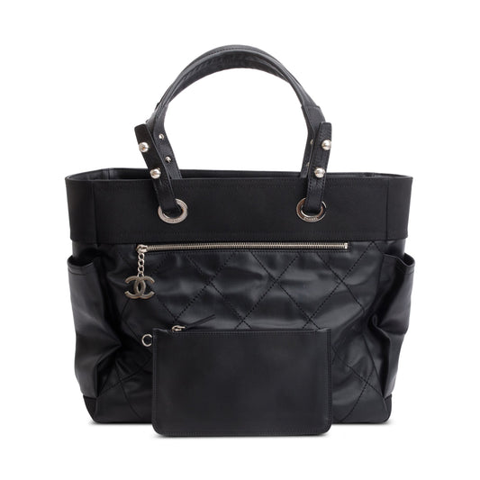 Chanel Black Quilted Coated Canvas Large Paris Biarritz Tote w/ Pouch & Authenticity Card
