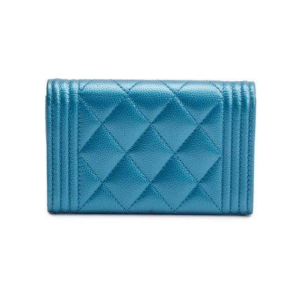 Chanel Blue Metallic Caviar Boy Flap Card Holder w/ Authenticity Card