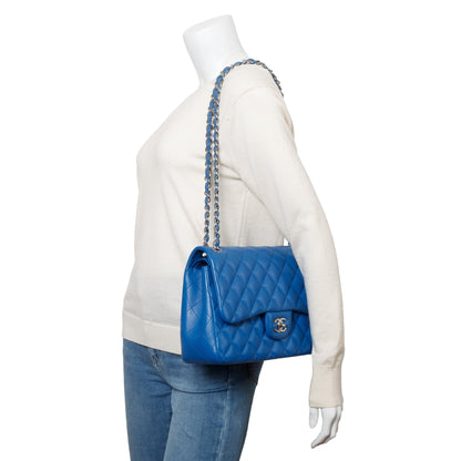 Chanel Blue Quilted Lambskin Leather Classic Jumbo Double Flap Bag w/ Authenticity Card
