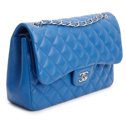 Chanel Blue Quilted Lambskin Leather Classic Jumbo Double Flap Bag w/ Authenticity Card