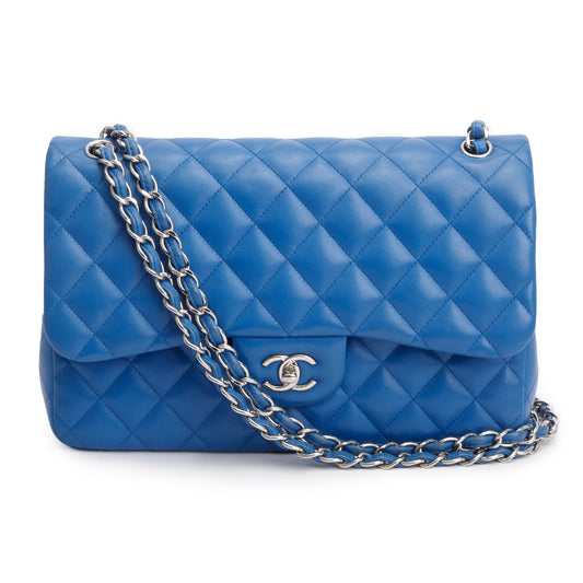Chanel Blue Quilted Lambskin Leather Classic Jumbo Double Flap Bag w/ Authenticity Card