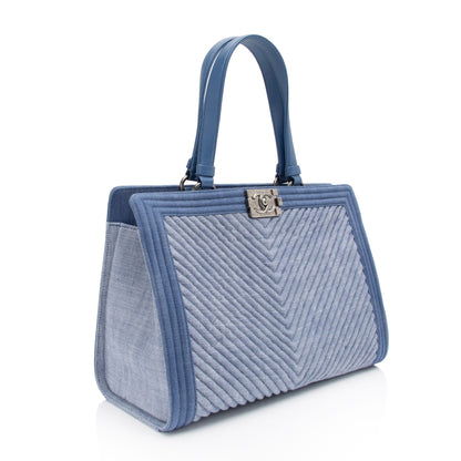 Chanel Chevron Denim Boy Tote (SHF-z2AHH6)
