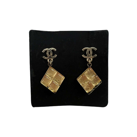 Chanel CC logo gold rhomb drop earrings