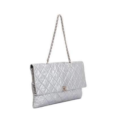 Chanel Metallic Silver Crumpled Calfskin Leather Big Bang Large Flap Bag w/ Authenticity Card