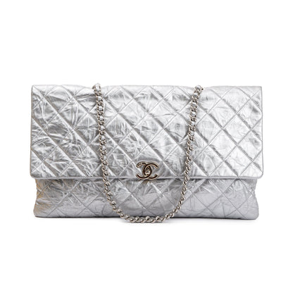 Chanel Metallic Silver Crumpled Calfskin Leather Big Bang Large Flap Bag w/ Authenticity Card