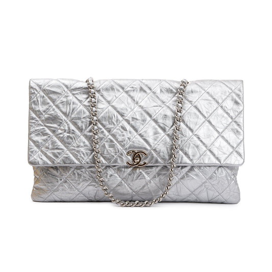 Chanel Metallic Silver Crumpled Calfskin Leather Big Bang Large Flap Bag w/ Authenticity Card
