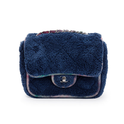 Chanel Navy Quilted Terry Cloth Small Square Flap Bag w/ Authenticity Card
