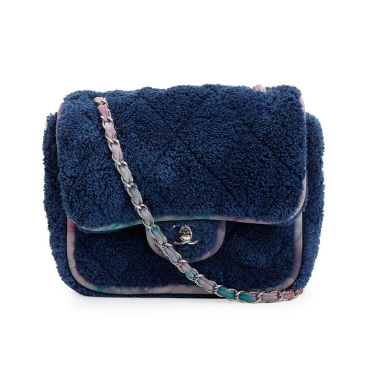 Chanel Navy Quilted Terry Cloth Small Square Flap Bag w/ Authenticity Card