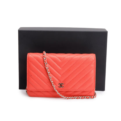 Chanel Pink Chevron Caviar Leather Classic Wallet on Chain w/ Box & Authenticity Card