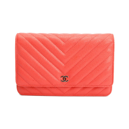 Chanel Pink Chevron Caviar Leather Classic Wallet on Chain w/ Box & Authenticity Card
