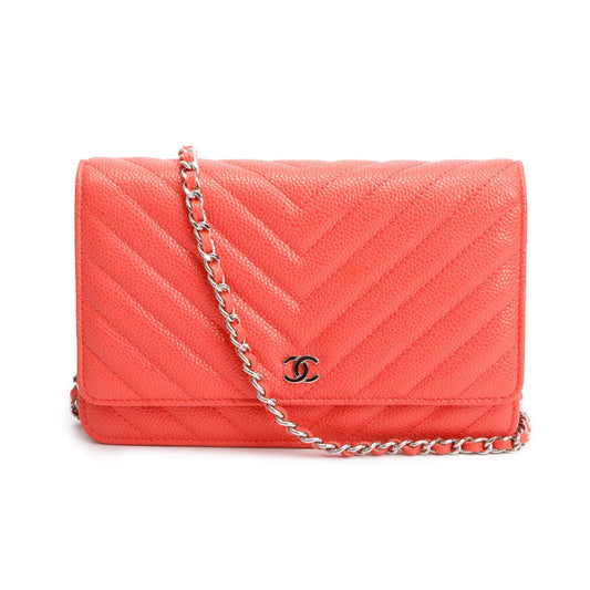 Chanel Pink Chevron Caviar Leather Classic Wallet on Chain w/ Box & Authenticity Card