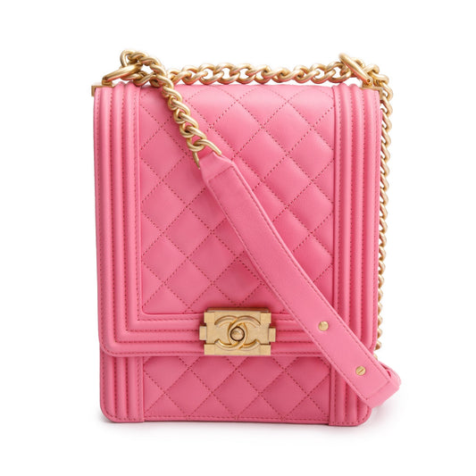 Chanel Pink Lambskin Leather North/South Boy Bag w/ Authenticity