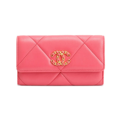 Chanel Pink Leather 19 Flap Wallet W/ Box & Authenticity Card