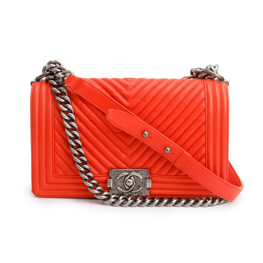 Chanel Red Chevron Calfskin Leather Medium Boy Bag w/ Authenticity Card