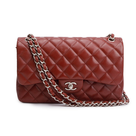 Chanel Red Quilted Caviar Leather Classic Jumbo Double Flap Bag w/ Box & Authenticity Card