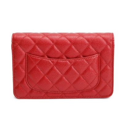 Chanel Red Quilted Caviar Leather Classic Wallet on Chain w/ Box