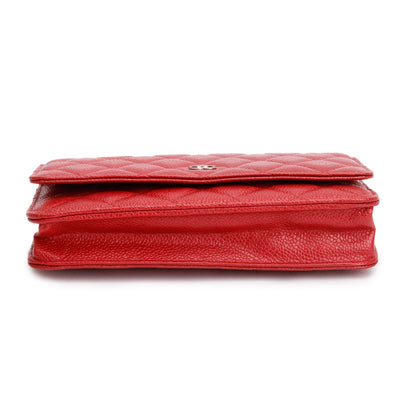 Chanel Red Quilted Caviar Leather Classic Wallet on Chain w/ Box
