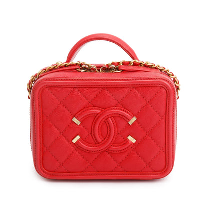 Chanel Red Quilted Caviar Leather Small CC Filigree Vanity Chain Clutch