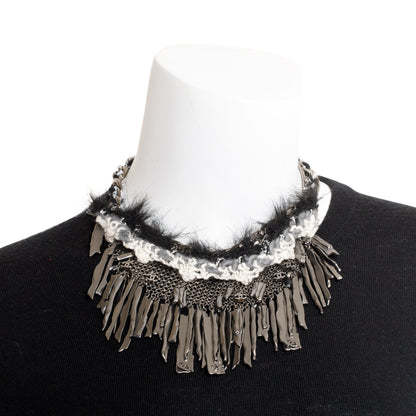 Chanel Ruthenium Faux Fur & Tweed Chainmail & CC Logo Fringe Necklace w/ Box