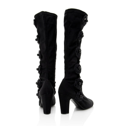 Chanel Satin Camellia Sock Boot - Size 7 / 37 (SHF-17935)