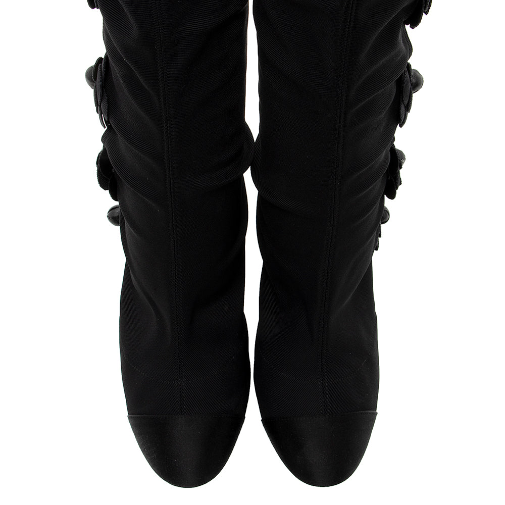 Chanel Satin Camellia Sock Boot - Size 7 / 37 (SHF-17935)
