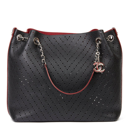 Chanel Perforated Grained Calfskin Accordion Shopping Tote With Pouch