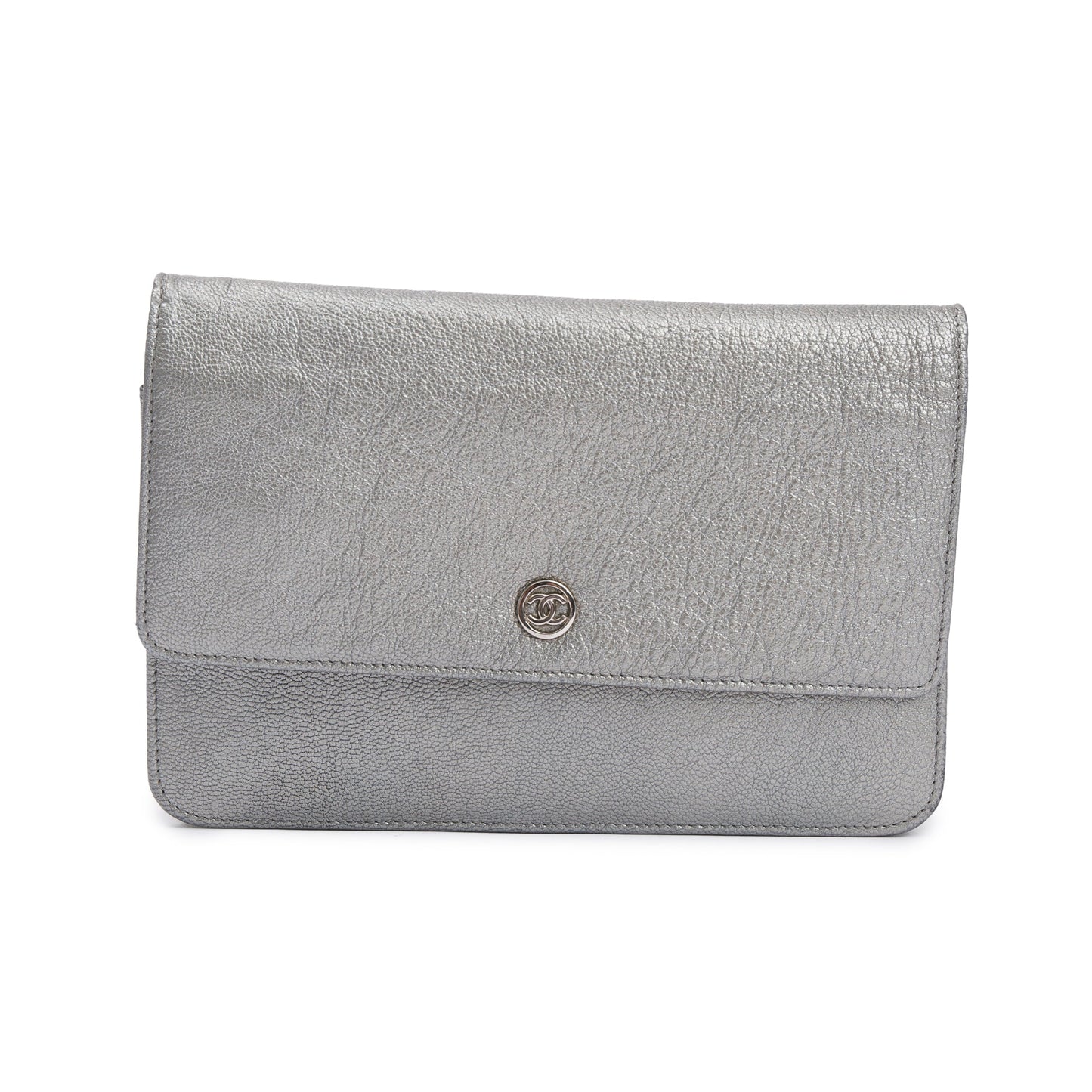 Chanel Silver Calfskin Leather CC Wallet on Chain w/ Box