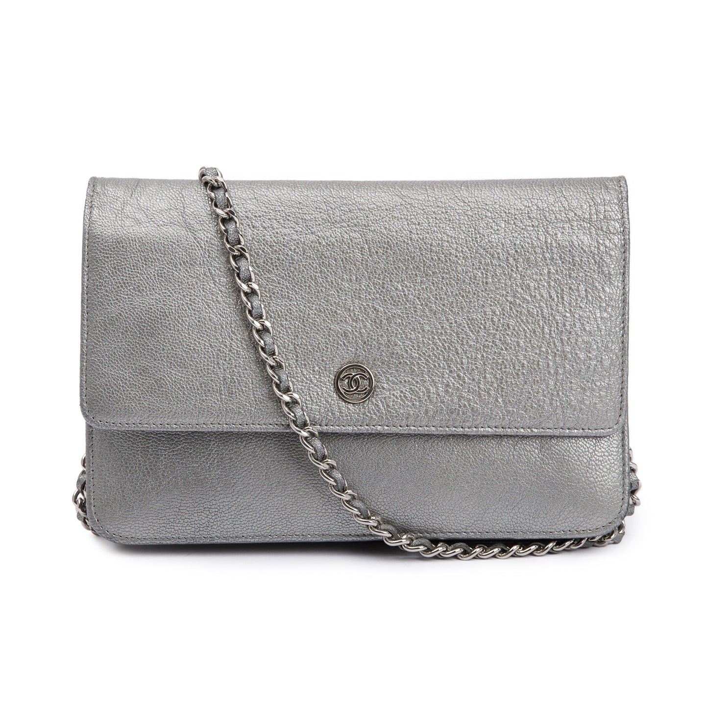 Chanel Silver Calfskin Leather CC Wallet on Chain w/ Box