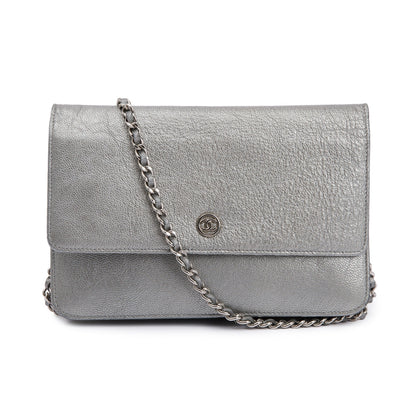 Chanel Silver Calfskin Leather CC Wallet on Chain w/ Box