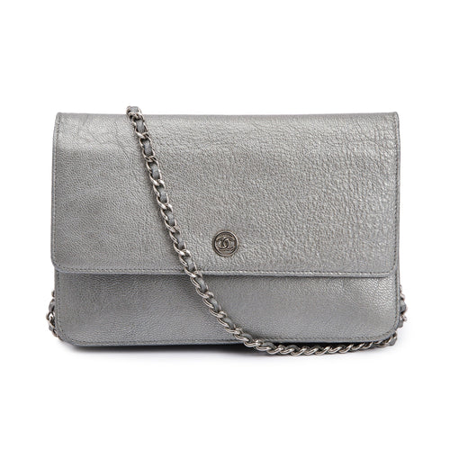 Chanel Silver Calfskin Leather CC Wallet on Chain w/ Box