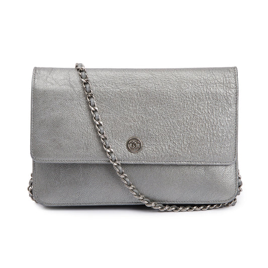 Chanel Silver Calfskin Leather CC Wallet on Chain w/ Box